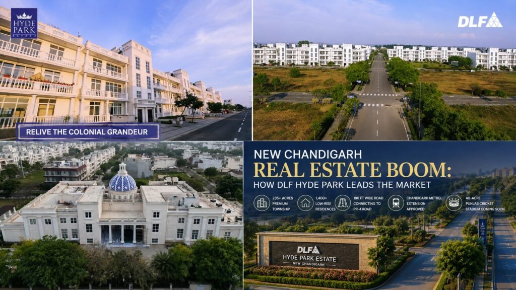 collage of modern residential blocks, wide roads, and a city sign announcing Hyde Park real estate in New Chandigarh