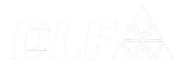 DLF logo with bold letters and a triangular emblem made of interconnected triangles.